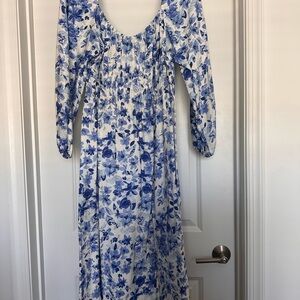 H&M Blue and White Midi Sundress with Bishop Sleeves